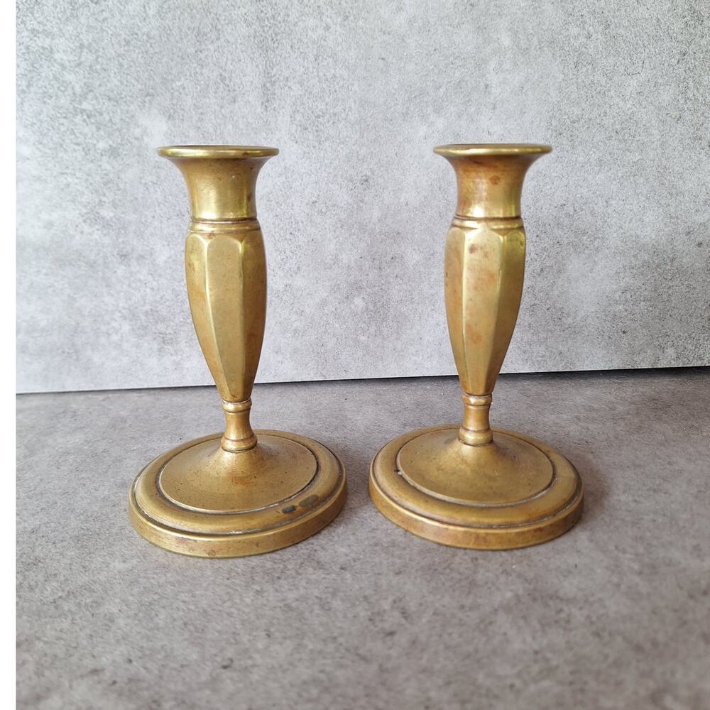 Vintage set of 2 solid brass skinny candle stick holders rustic farm house decor